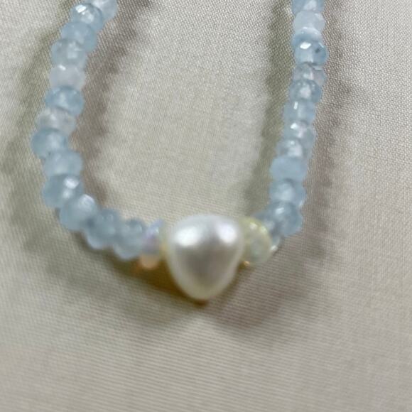 New rainbow agate Ethiopian opal and freshwater pearl gemstone necklace, 15.5” - Picture 2 of 2